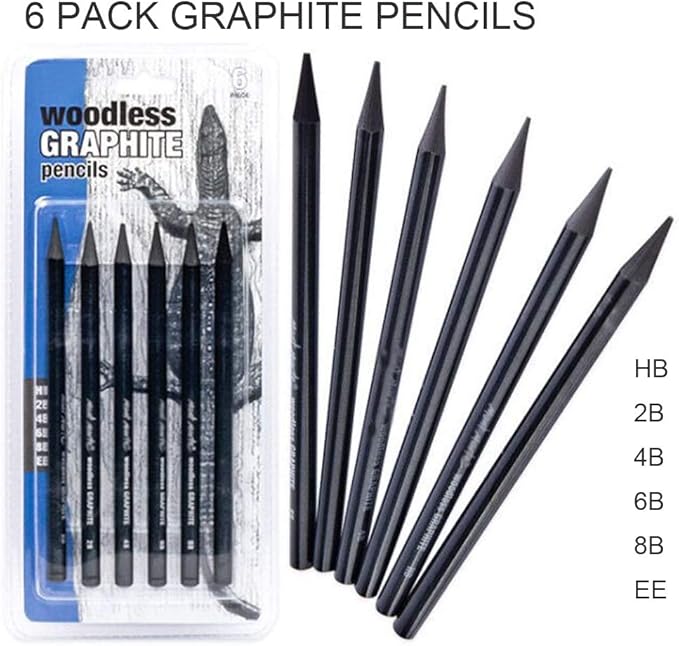 6 Pack Woodless Black Graphite Pencils Set Assorted HB 2B 4B 6B 8B EE Black Soft Sketch Pencils Drawing Set Art Painting Supplies Pencils for Drawing, Sketching Black Pencils for Beginners & Artists