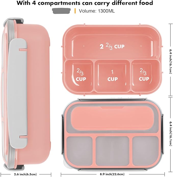 Bento Box for Kids 1300ML with 4 Compartment & Food Picks Cake Cups, Pink | Lunch Box Containers for Adults/Kids/Toddler, Leak-Proof, Microwave/Dishwasher/Refrigerator Safe, BPA Free