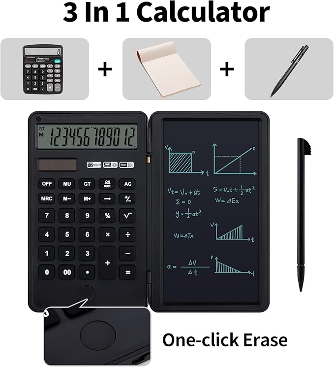 Desk Portable Calculator with Notepad and Stylus, Large Basic Calculator, Solar Power, 12 Digit Large Display Multi-Function for Office, School, Home & Basic Financial (Black)