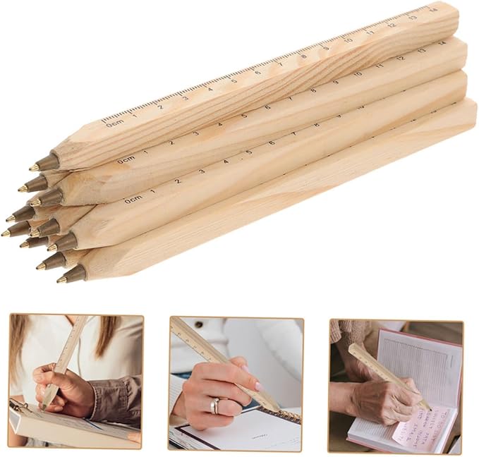 MAGICLULU 6pcs Black Ballpoint Pens Set with Wood Ruler, Biodegradable Solid Wood Construction Ballpoint Pens for Carpentry and Office Use