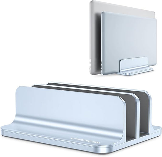 OMOTON Vertical Laptop Stand [Updated Double Version], Desktop Aluminum Mac Book Stand with Adjustable Dock Size, Fits All Mac Book, Surface, Chrome Book and Gaming Laptops (Up to 17.3") (Sky Blue)