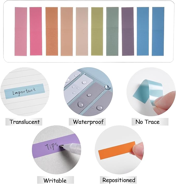 Lysas 2400pcs Book Tabs for Annotating, Writable Morandi Translucent Page Markers Sticky Tabs Clear Sticky Notes, Repositionable Book Flags Strip, Annotation File Index Tabs