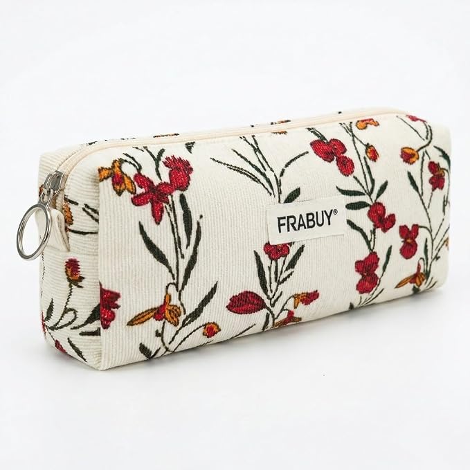 Soft Corduroy Pencil Case Pen Pouch Organizer, Small Stationery Bag | Cute begie wind flower pencil pouch, smooth zipper, daily cosmetics holder, compact organizer for school teen girls, women