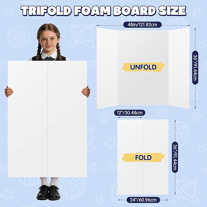 AKONEGE 2 Pack White Trifold Poster Board 36" x 48" Foam Core, Large Tri Fold Foam Poster Boards for Presentations, Science Fair Display, Photo Display, Office & School Projects, Event Exhibitions
