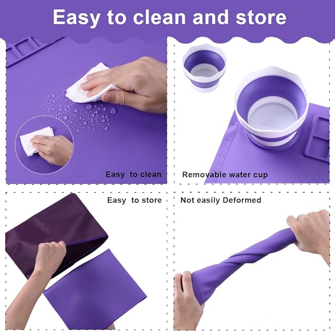 DIYDEC Silicone Art Mat 20x16 Inch - Large Silicone Painting Mat with Detachable Cup, 10 Painting Brushes, 5 Sponge Brushes - Kids & Adult DIY Accessories (Purple)