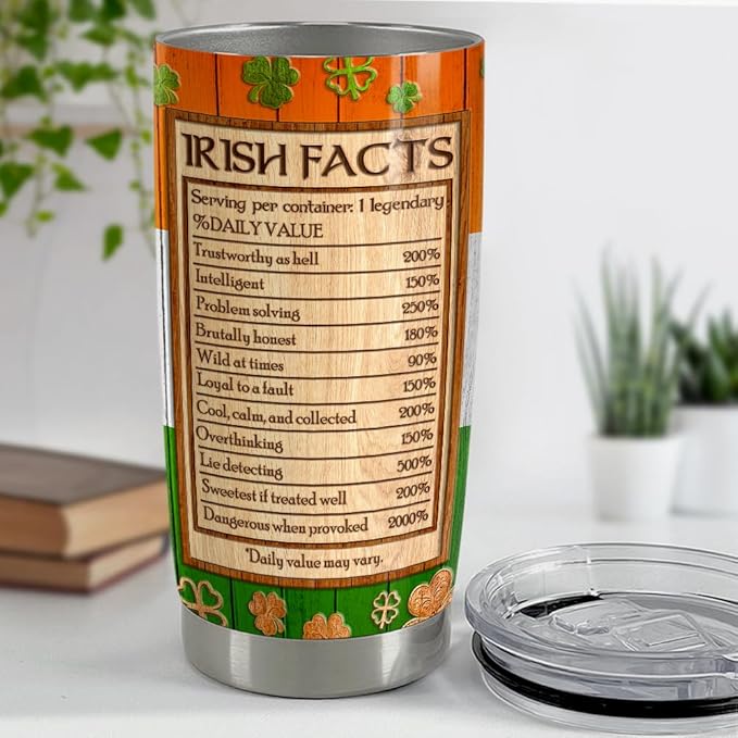 SANDJEST Irish Tumbler 20oz Celtic Cross Irish Fact Stainless Steel Tumbler with Lid Gifts for Women Birthday Christmas