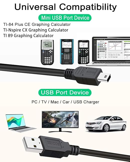 USB Charger Cord for TI-84 Plus CE Graphing Calculator,TI 89,TI-Nspire CX/CAS,TI84 Plus CE Charger Color/C Silver Edition,Charging Power Data Cable for Texas Instruments Calculator Replacement (6ft)