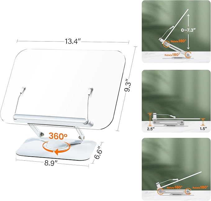 BYMECOST Acrylic Book Stand for Reading, Adjustable Book Holder with 360° Rotating Base & Elastic Page Clips, Foldable Desktop Riser Stand for Cookbook,Laptop,Tablet,Music Scores,Recipe,Textbook,Black