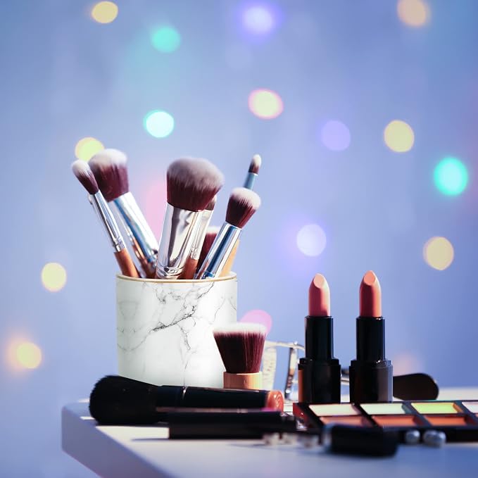 Pen Holder for Desk Cute, Modern Marble Desk Organizer, Durable Ceramic Pencil Cup, Makeup Brush Holder Cup, Multifunctional Office Stationery Holder for Women, Men, White Marble