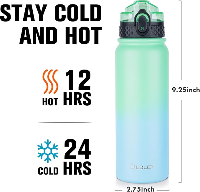 Oldley Insulated Water Bottle 20oz Water Bottles with Straw, Stainless Steel Water Bottle with 3 Lids, Double Wall Vacuum Bottles for Adult Kids, Sports Bottles for School Travel, Leaf Green-Blue