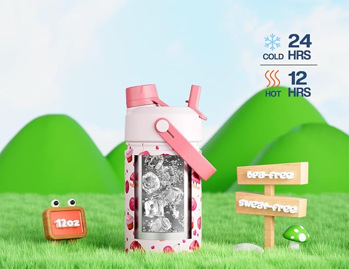 12 oz Insulated Water Bottle for Kids: 2-in-1 Straw Spout Lid, Spill-proof, BPA-Free, Easy Clean, Keep Cold 24H, Cute Patterns, Stainless Steel Cup for School, Travel, Holiday Gift (Cherry Yum Yum)
