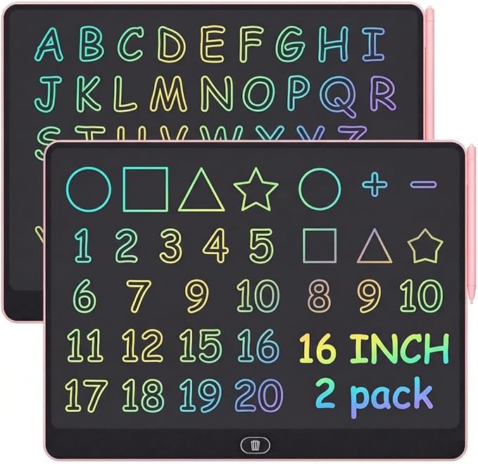 16 Inch LCD Writing Tablet for Kids 2 Pack, Large Drawing Board Doodle Pad, Colorful Screen Erasable Sketch Tablet, Travel Toys and Reusable Learning Gift for Boys Girls (Pink)