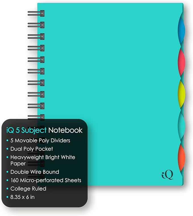 iScholar 5 Subject Poly Cover Double Wire Notebook, 8.35 x 6 Inches, Cover Color May Vary (58615)160 Sheets , Assorted