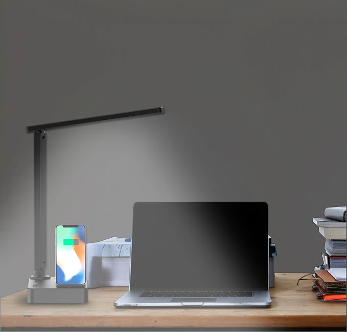 Drevet LED Desk Lamp, Touch Cotrol Small Table Lamp with 3 USB C Charger, 2 AC Power Outlet, 3 Light Modes, 3 Level Brightness and 1H Timer for Bedroom Bedside, Office, Home, Night Necessity, Black