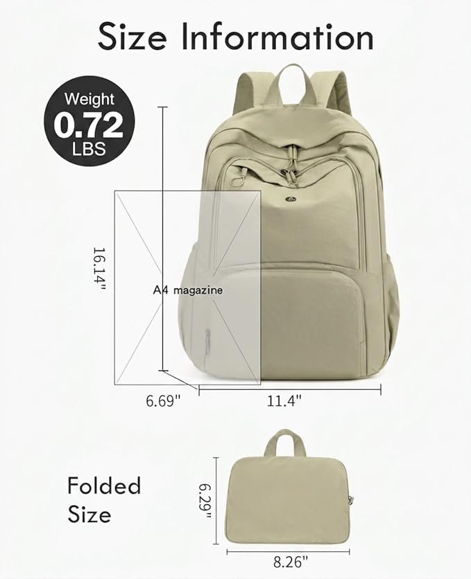 Foldable Backpack for Women, Lightweight Travel Backpack Purse Khaki | with Luggage Strap, Packable Causal Daypack, Chic Bookbag, Water-Resistant Gym School Backpack for Travel College Daily Use
