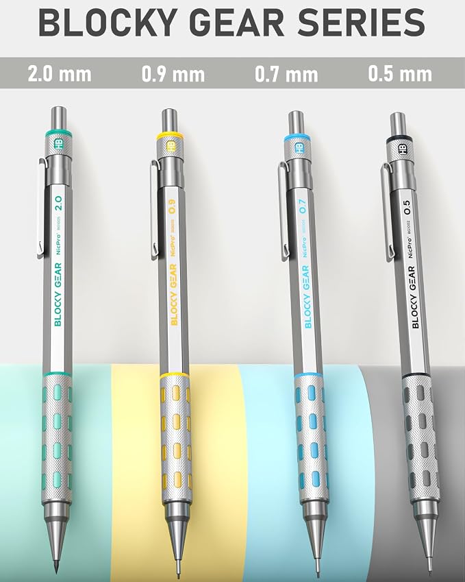 Nicpro 36PCS Blocky Gear Art Mechanical Pencil Set with Case | Metal Mechanical Pencils 0.5/0.7/0.9/2mm Lead Holder for Drawing Sketching with 20 Tubes (6B 4B 2B HB 2H 4H Colors) Refills