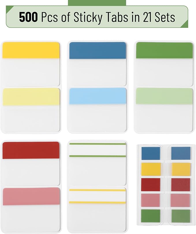 Mr. Pen- Sticky Index Tabs, 500 Pcs, 21 Sets, Colorful, Writable Colored Pages Markers Labels for Reading Notes, Books, Binders, Notebook, Folders and Classify Files, Water-Resistant