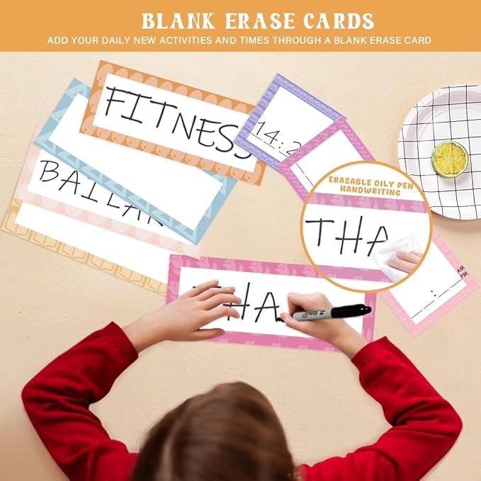 Daily Schedule Pocket Chart, Visual Schedule with 42 Reusable Dry-Eraser Cards, Visual Schedule for Kids, Classroom Schedule, Suitable for Classroom, Office, Home, Pre-School Education, Spanish