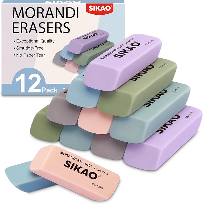 Morandi Erasers, 12 Pack Pencil Erasers for Kids – Aesthetic Pastel Beveled Rubber Erasers, Latex-Free & Smudge-Free for School Supplies, Classroom & Daily Writing