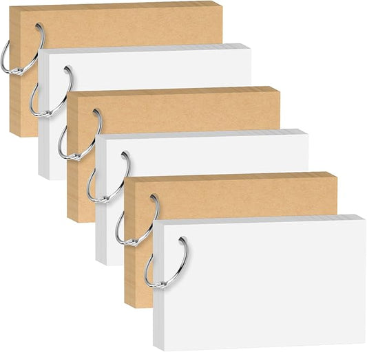 300 Pcs Customizable Index Flash Study Note Card Pad White Blank Kraft Paper with Binder Ring (3 x 5 Inches, 50 Sheets per Set)