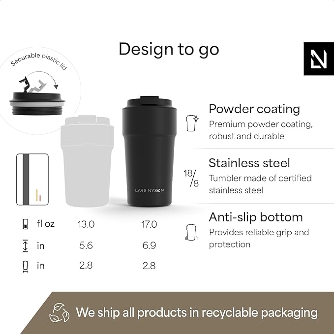 LARS NYSØM Thermo Coffee Mug to go 17oz | Travel Mug 0.5 Liter with Insulation | Silicone grip base | Leak Proof Stainless Steel Tumbler for Coffee and Tea on the Go (Powder Black, 17oz)