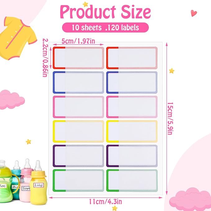 120 Pcs Baby Bottle Labels for Daycare, Waterproof School Name Labels Stickers Self-Laminating Multipurpose Write-On Name Labels for Kids Sippy Cup Water Bottle Lunch Box