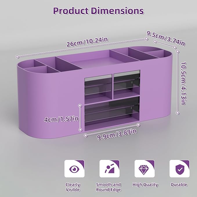 Marbrasse Pen Holder for Desk with 3 Drawers, Multi-Functional Pencil Holder, Desk Organizers and Accessories with 7 Compartments for Home, School, Classroom (Purple)