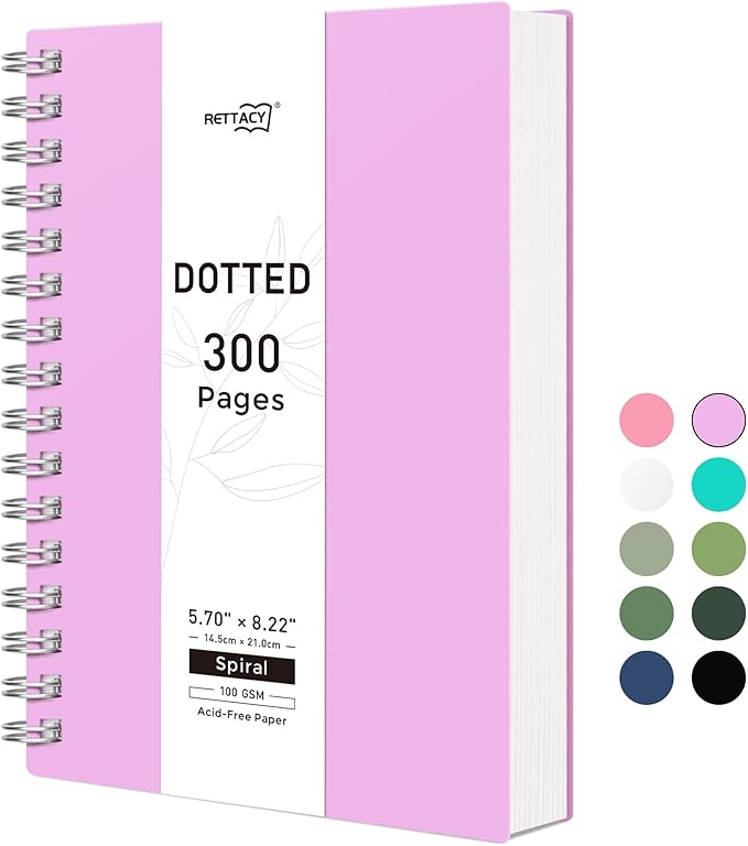 RETTACY Dotted Journal Notebook, 300 Pages, A5 Medium Size (5.7'' × 8.2''), 100 GSM Thick Paper, Flexible Plastic Cover, Spiral-bound, for Journaling, Planning, Tracking (Lilac)