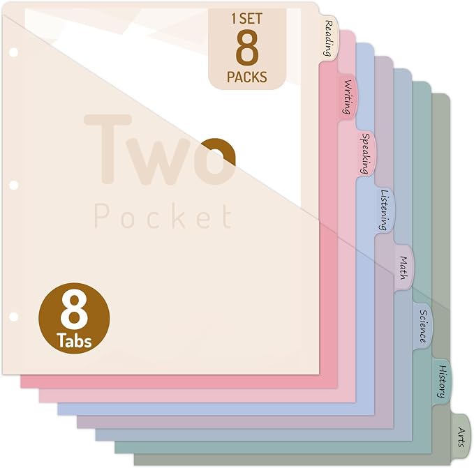 Forvencer 8 Counts Dividers with 2 Pockets, 8 Tabs Binder Dividers for 3 Ring Binder, Binder Dividers with Tabs for School Office Organization, Multicolor, Letter Size, 1 Set