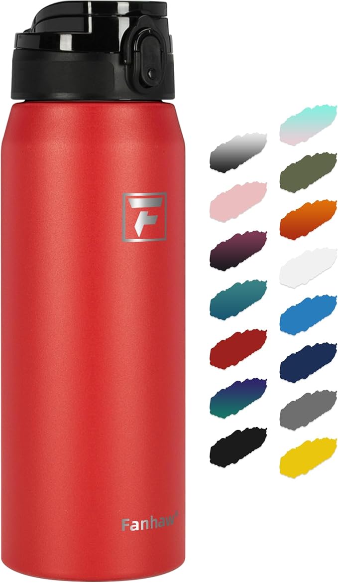 Fanhaw 24 oz Insulated Stainless Steel Water Bottle with Anti-Dust Chug Lid, Leakproof Vacuum Metal Everyday Use Bottle for Kids, Teens & Adults, Back to School Essentials (Red)
