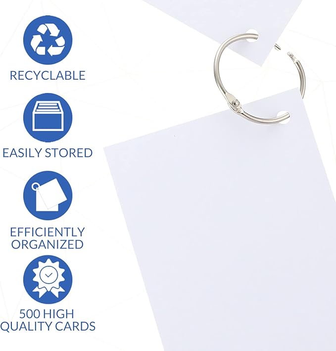 Yexiya 500 Pcs Index Cards with Rings Study Supplies Punched Lined Flash Cards with Holes Ruled Single Hole Notes and Metal Rings for Adults Office(4 x 6 Inch,Blank White)