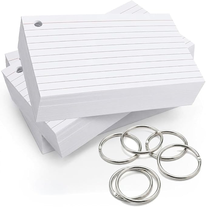 Debra Dale Designs 5 x 8 Ruled Index Cards, 300 White Cards, One Side Ruled Blank Back, Single Hole Punched, Extra Heavy 100 lb Cardstock, 271 gsm, Includes 6 Metal Binder Rings, 3 Packs of 100