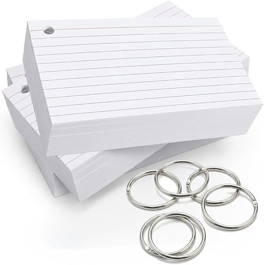 Debra Dale Designs 5 x 8 Ruled Index Cards, 300 White Cards, One Side Ruled Blank Back, Single Hole Punched, Extra Heavy 100 lb Cardstock, 271 gsm, Includes 6 Metal Binder Rings, 3 Packs of 100