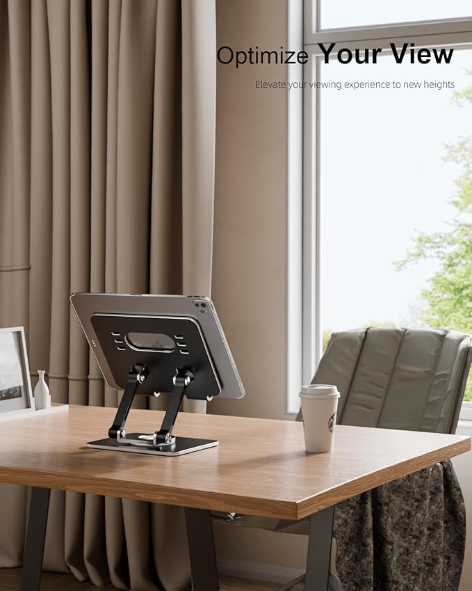 Orlian Tablet Stand Holder with Thickened 360°Rotating Base Dual Rod Adjustable Aluminum Stand for All 5.8-12.9” iPad Samsung Phone Tablet Kindle E-Reader and More, Black