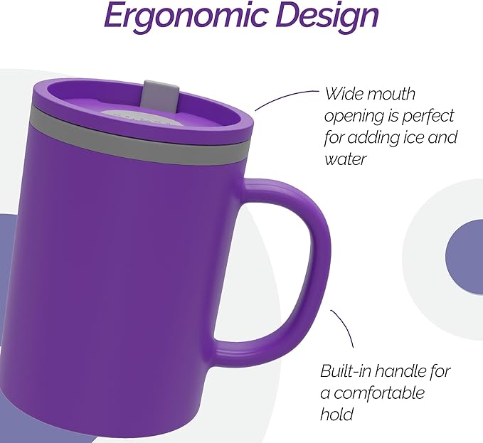 Copco Iconic 16oz Double Wall Insulated Desk Mug with Lid & Handle, Set of 2, BPA-Free Reusable Plastic, Spill-Resistant, Microwave & Dishwasher Safe, Wide Mouth (Purple/Light Purple)