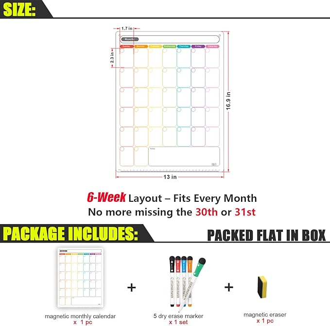 Magnetic Dry Erase Calendar - Vertical Calendar for Refrigerator - Monthly Fridge Calendar Whiteboard with Extra-Thick Magnet Included Fine Point Marker & Eraser & Home Organizer