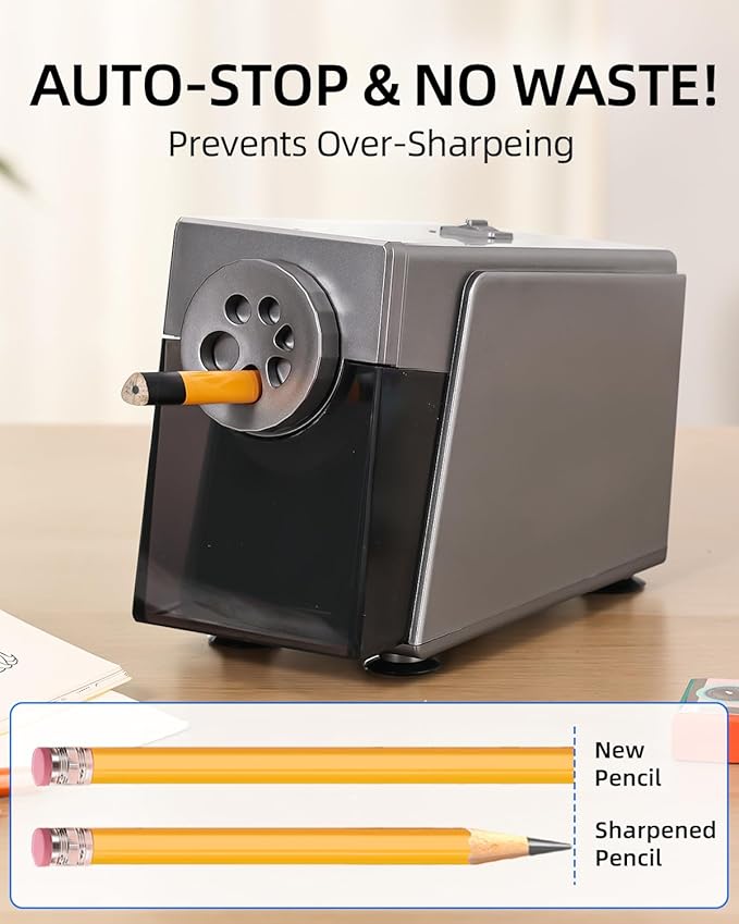 ZMOL Electric Pencil Sharpener for Classroom, Heavy Duty，6 Holes, Stronger Helical Blade, Auto Stop, Plug in, Suitable for 6-12mm No.2/Colored Pencils, Teachers,School & Home Silver US Plug Only