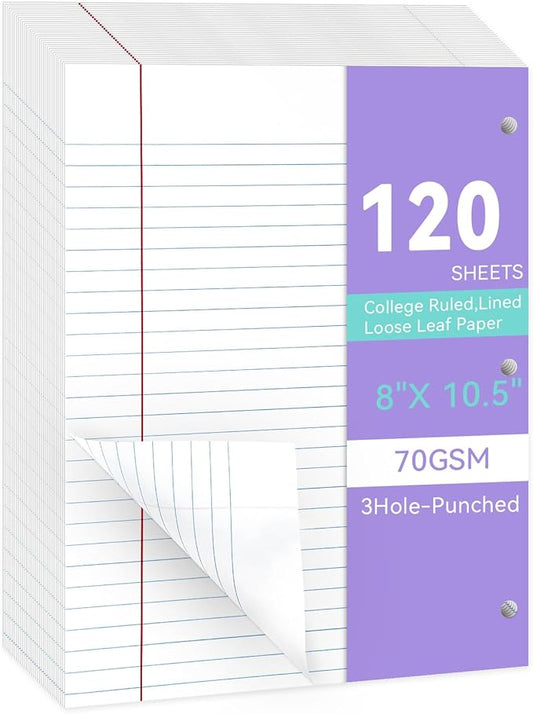 Loose Leaf Paper Wide Ruled Notebook Paper, 8" x 10.5" Lined Filler Paper for 3-Ring Binders, 3-Hole Punched Writing Paper-120 Sheets, White
