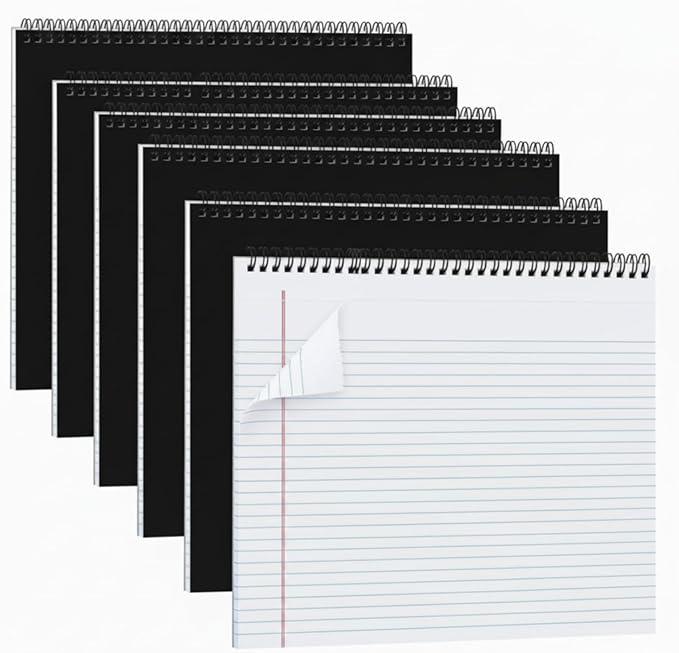 MotiMind 6 Pcs Legal Pads Landscape Notebooks Hole Punched Top Spiral Bound Notebooks 11 x 9.5 Inch College Ruled Drawing Notepad Tear Line for Removal 40 Sheet Office Steno Book (White)