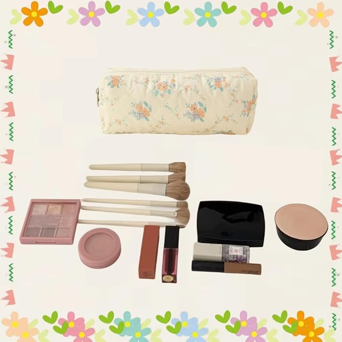 Cute Mini Quilted Makeup Bag for Women Travel Cosmetic Bags Lightweight Coquette Aesthetic Floral Toiletry Organizer Case (Floral#02)