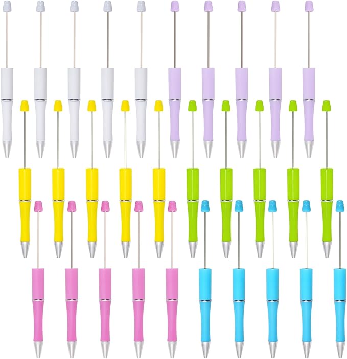jiebor 30Pcs Beadable Pens Plastic Bead Ballpoint DIY Cute Cool Pens Black Ink for Women Men Bridal Graduation Gift Office Supplies White Yellow Green Blue Purple