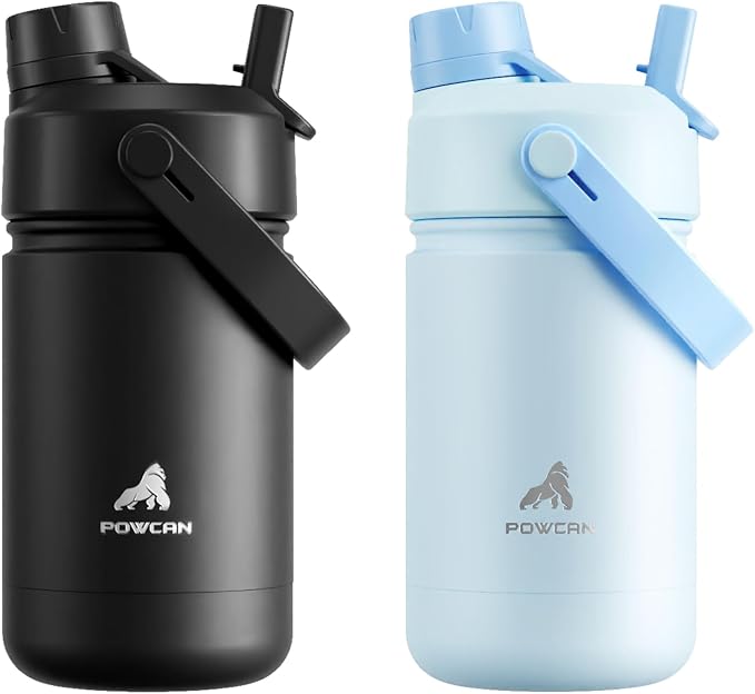 POWCAN 2 Pack 12 oz Kids Insulated Water Bottle for School: Leakproof, 2-in-1 Straw Spout Lid, BPA-Free, Keep Cold 24 Hrs, Stainless Steel Cup for Girls, Boys, Teens (Dark Knight & Sea Breeze)