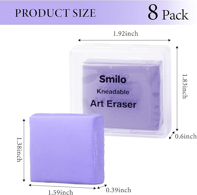 Smilo 8-Pack Purple Kneaded Erasers | Moldable & Dust-Free Putty Eraser | No Smudge Art Eraser with Case for Drawing