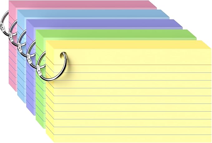 250 Count Colored Index Cards 3x5 Inch with Ring, Heavy Weight Flash Cards, Note Taking Supplies, Portable Note Cards, Study Flashcards for Students & Teachers, Office Home School Study Supplies