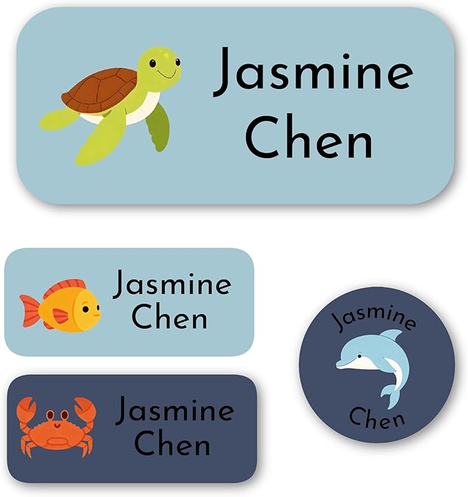 Personalized Kids Name Labels – Waterproof Custom Stickers for Daycare & School, 117 Pack, Dishwasher & Laundry Safe (Tortoise)