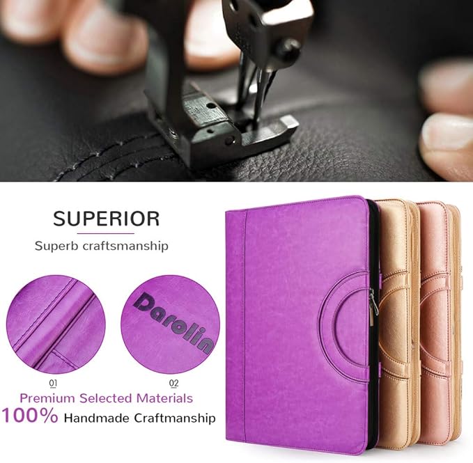 Darolin Vegan Leather Padfolio Portfolio with Handle & Clipboard, Zippered Business Portfolio Organizer for Meetings, Interviews & Travel, Fits A4 & Letter Size, Padfolio for Men Women (Purple)