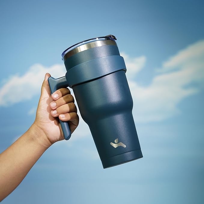 Konokyo 30 oz Tumbler with Handle and 2 Straw 2 Lid, Insulated Water Bottle Stainless Steel Vacuum Cup Reusable Travel Mug, Navy Blue