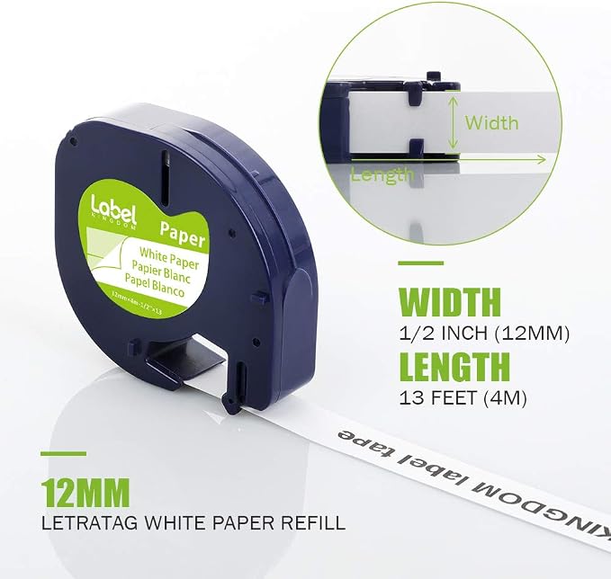 8-Pack 91330 White Paper Tape Refills 12mm x 4m (1/2" x 13') Label | Compatible with DYMO LetraTag Label Maker Refills for Labeler Letra Tag 200B LT 100H 100T Plus