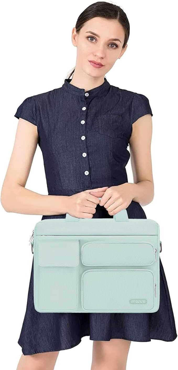 MOSISO Laptop Shoulder Bag 15.6 inch, 15-15.6 inch Computer Bag Compatible with MacBook Pro 16 inch, HP, Dell, Lenovo, Notebook with 2 Raised&1 Flapover&1 Horizontal Pocket&Handle&Belt, Mint Green