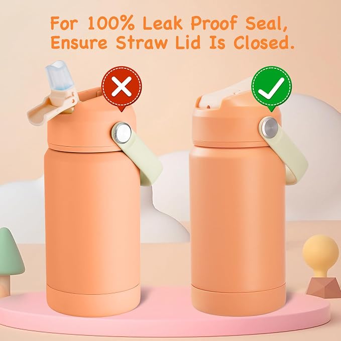 Kerilyn 12oz Water Bottle, Stainless Steel Insulated Water Bottle with Straws Leak-Proof, Water Cup Double Wall Vacuum, BPA Free, Vibrant Orange